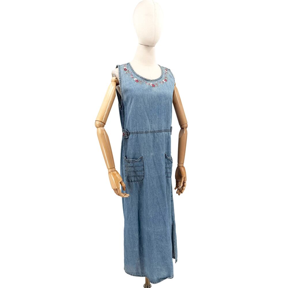 Vintage 90s Jane Ashley Blue Cotton Pink Floral Embroidered Denim Maxi Dress